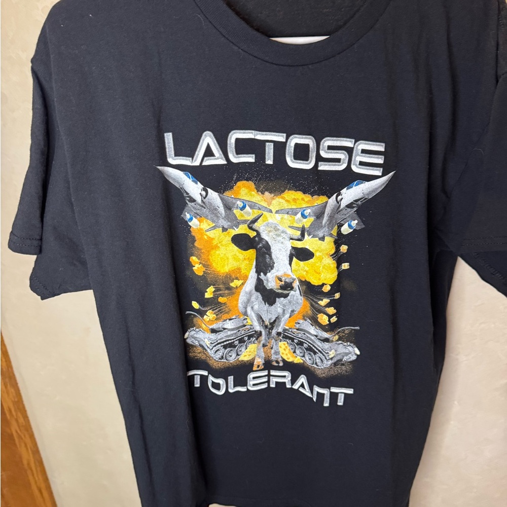 Black 'Lactose Tolerant' Graphic Tee with Cow & Jets